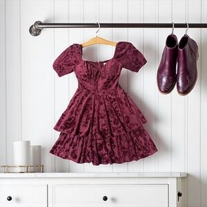 City Vibe Dress Velvet Floral Sweetheart Neck Puff Sleeve Tiered Maroon Size 0